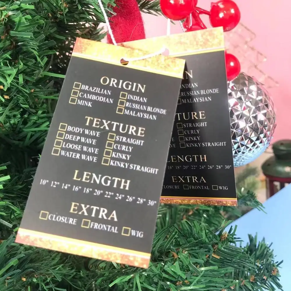 

custom black cardboard gold foil hair tags for bundles sticker