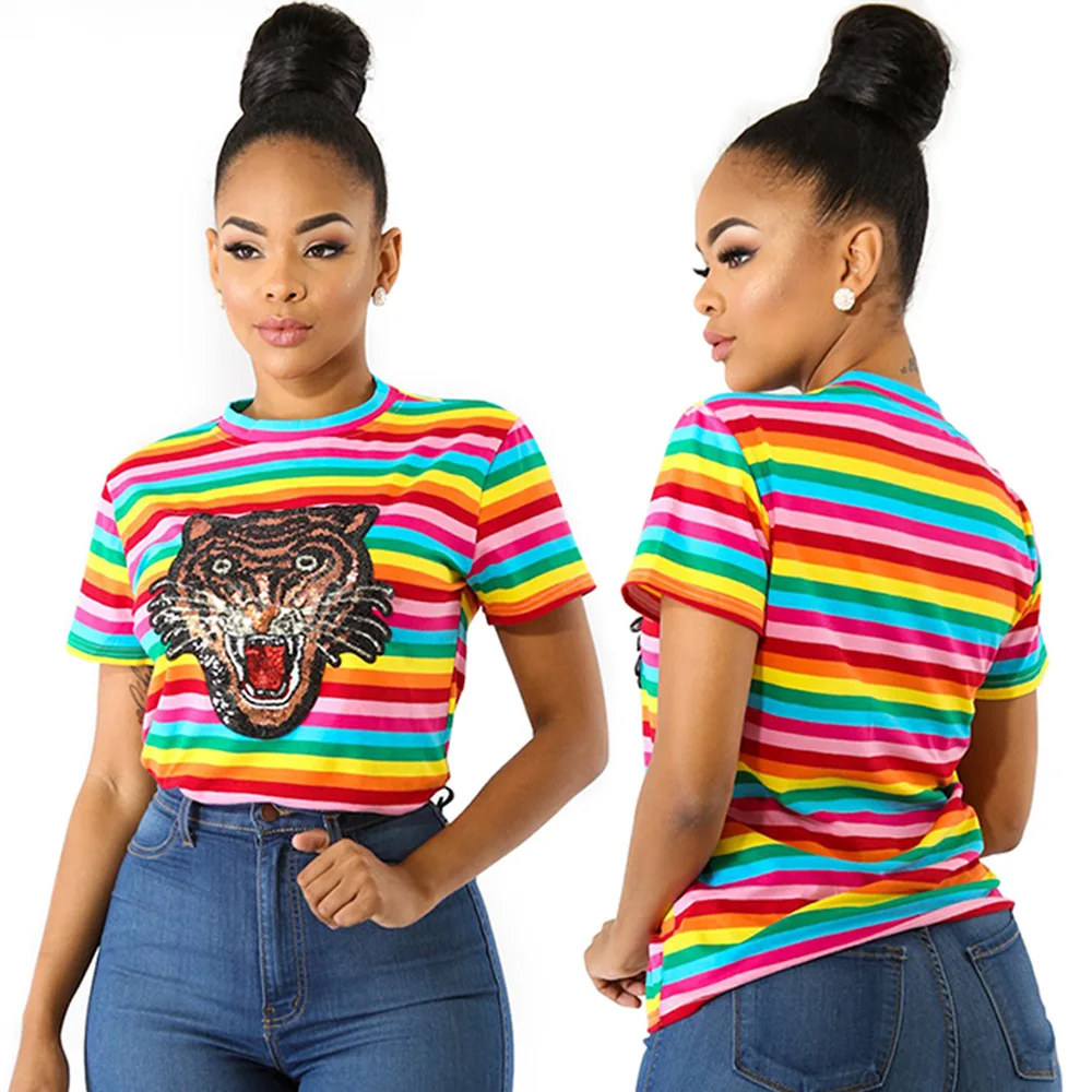 

wholesale hot sales Cartoon Striped O-Neck short sleeve fashion sample woman casual shirt 1029