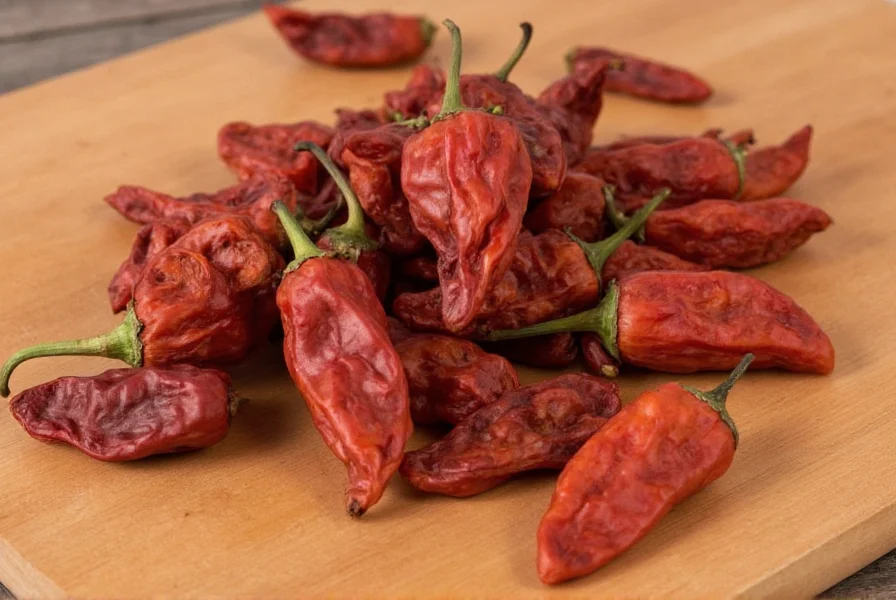 Close-up photograph of dried cascabel chili peppers showing their distinctive round shape and mahogany color on wooden cutting board with rehydrated peppers