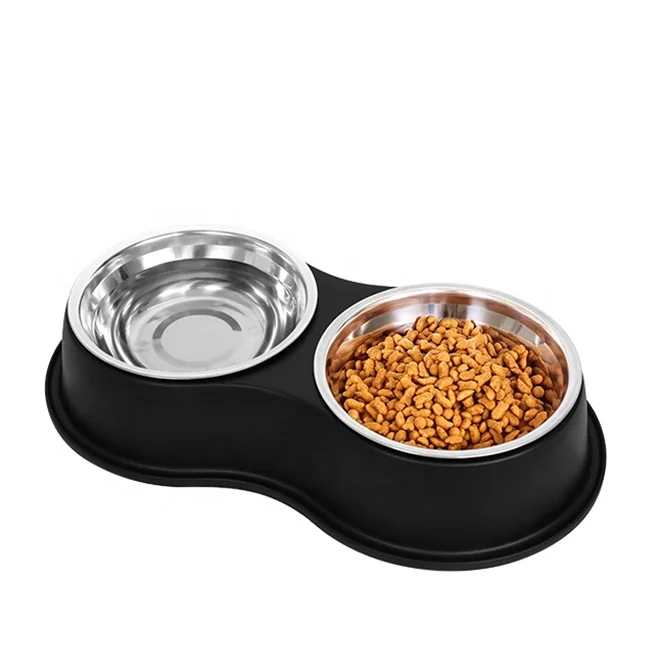 

Manufacturer Food Grade Resin Base Raised Stainless Steel Bowl Non Slip Double Puppy Feeding Bowl Cat Food Bowl, Black