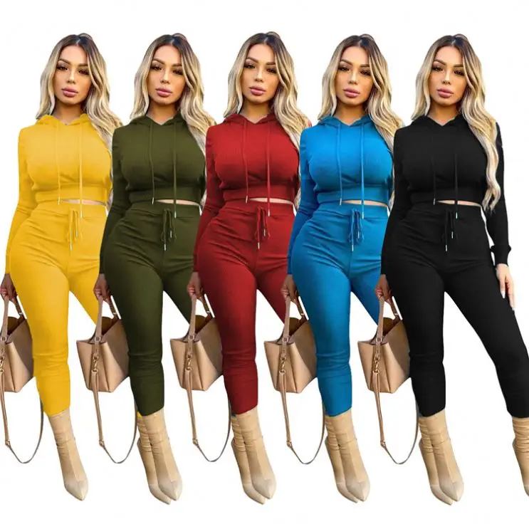 

2021 Ladies Sweatsuit Solid Color Hooded Nipped Waists Tops Pencil Pants Fall Women Clothing Two Piece Set, Picture