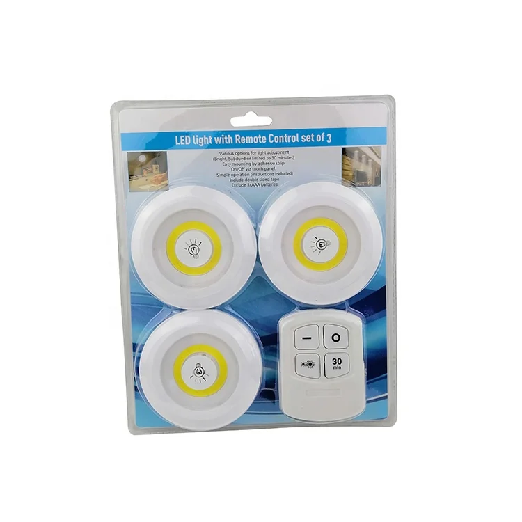 New Set of 3 Battery Round Wireless COB Led Puck Lamp Remote Control Cabinet Light