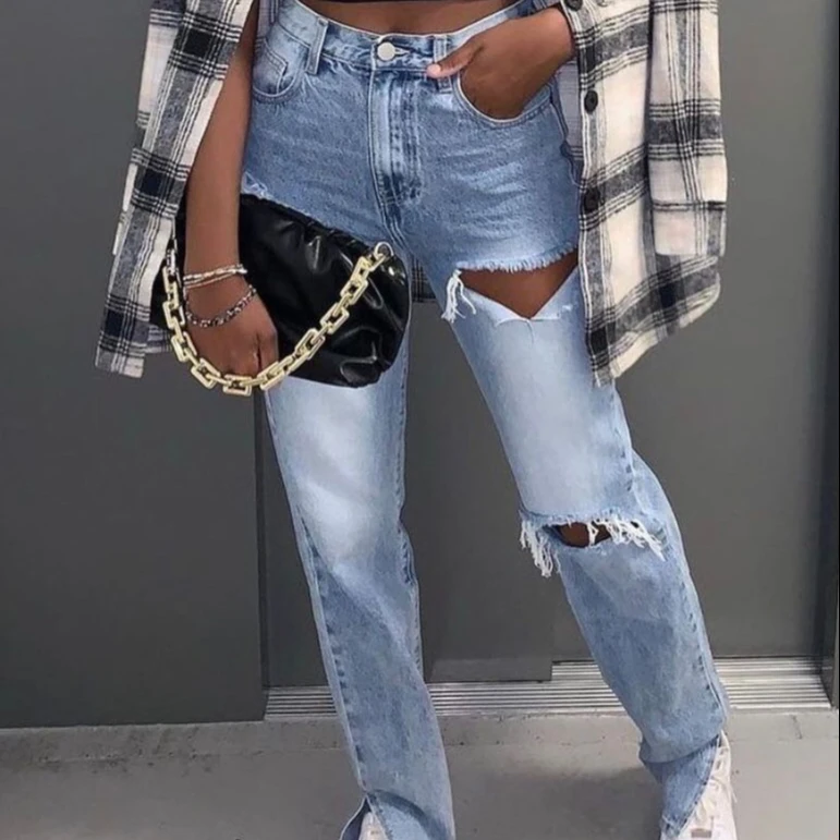 

Wholesale Amazon Best Seller High Waist Custom Mom Jeans Holes Ripped Slip Leg Woman Denim Pants Ladies Jeans in 2022 she in, Picture color