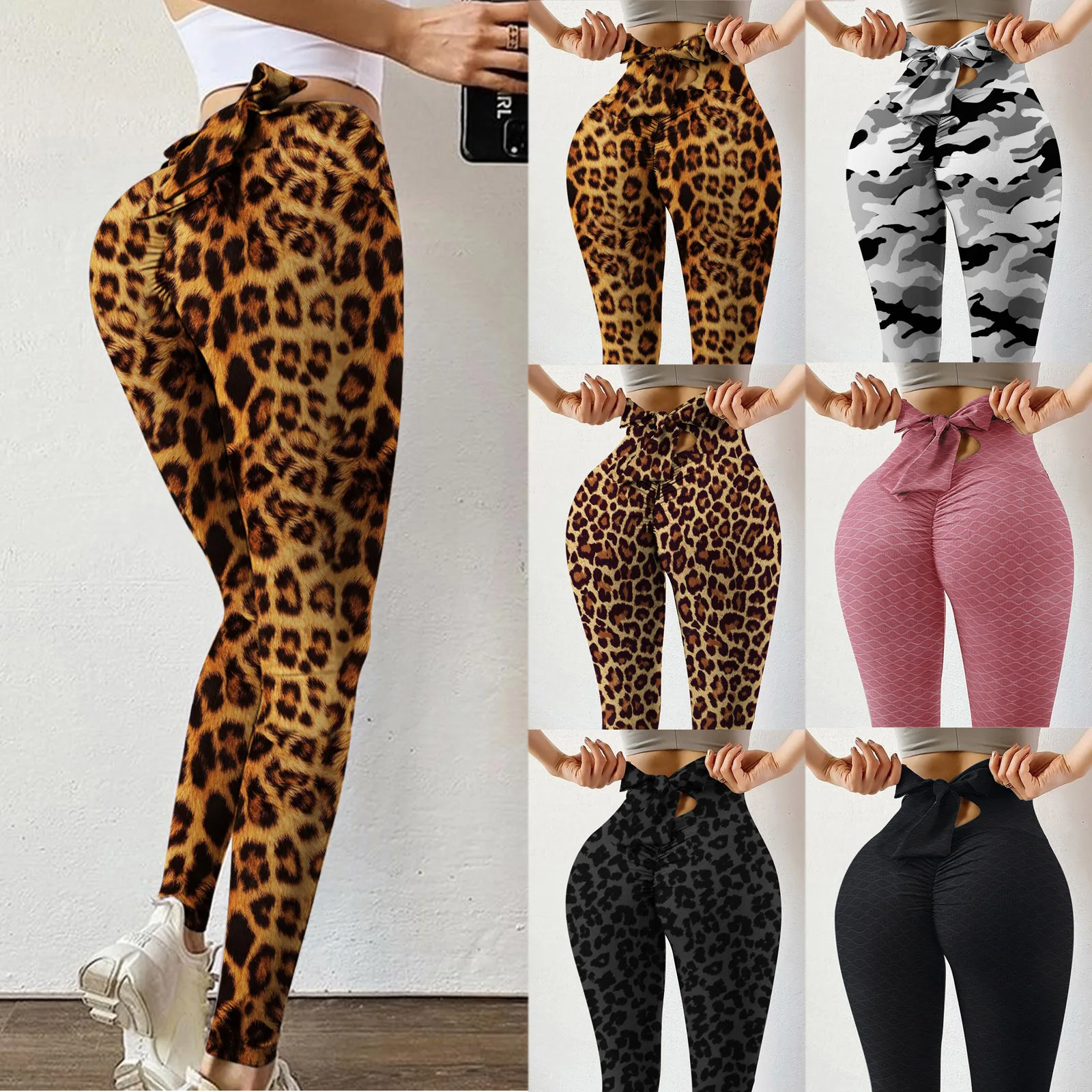 

Plus Size Women's High Waist Pants Fashion Printed Bow Slim Fit Hip Raise Yoga Leggings, Blue(other 7 colors available