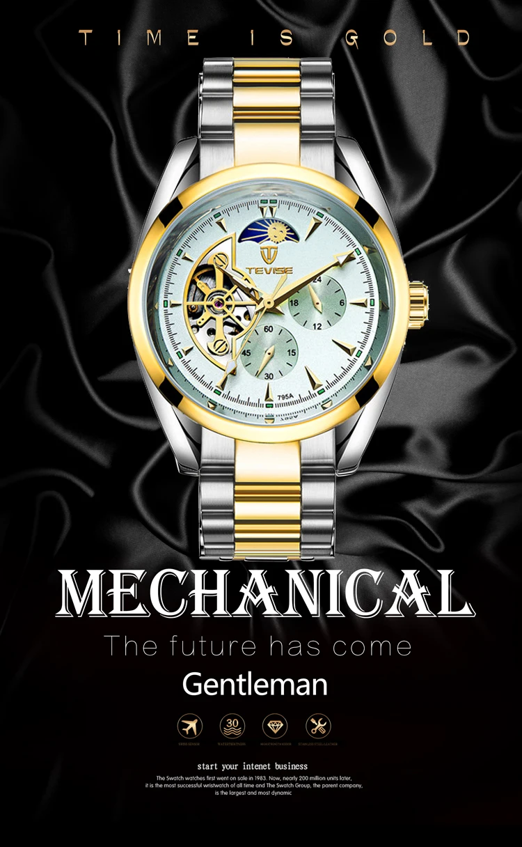 TEVISE 795A new design gold man mechanical watch potty steel Strap Waterproof moon phase full automatic business watch design