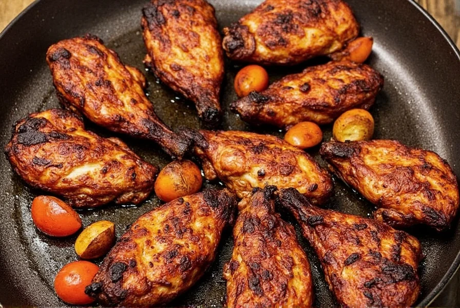 Close-up of properly blackened chicken spice crust showing even charring