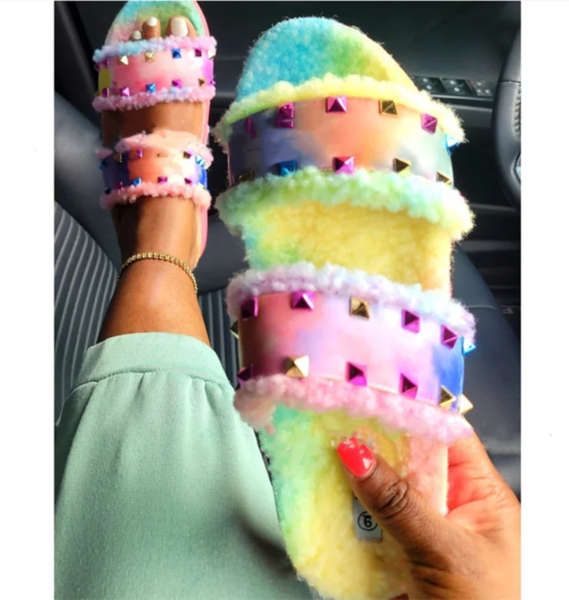 

Fall Women's Open Toe Rivet Sandals Casual Flats Shoes Ladies Slip On Slide Footwear Fashion Fur Slippers Women Flip Flops Shoes