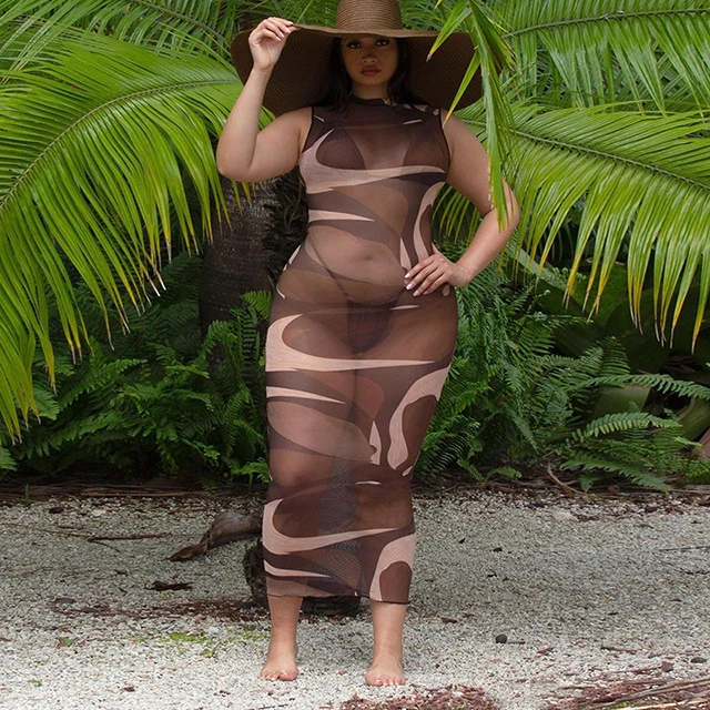 

Sexy Sleeveless Ladies Maxi Dresses Long Summer 2021 Bodycon See Through Mesh Transparent Party Night Club Dress Women Clothing, Rose red,brown