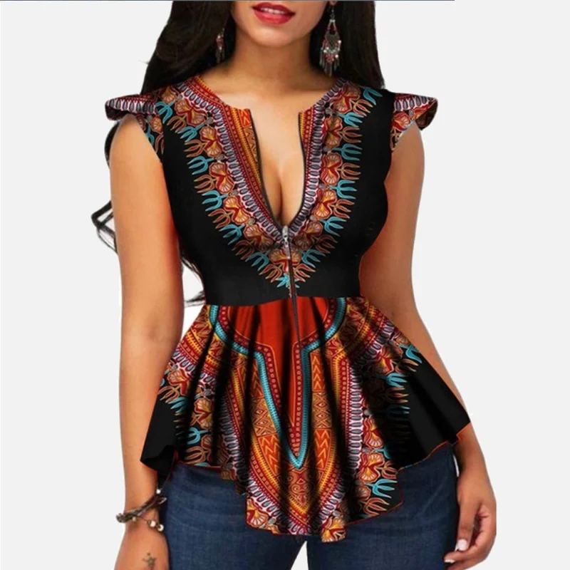 

Women Sleeveless Tunics Blouse Plus Size Blouses Fashion Summer Female Elegant Ankara Zipper Printed Ethnic Short Sleeve Tops