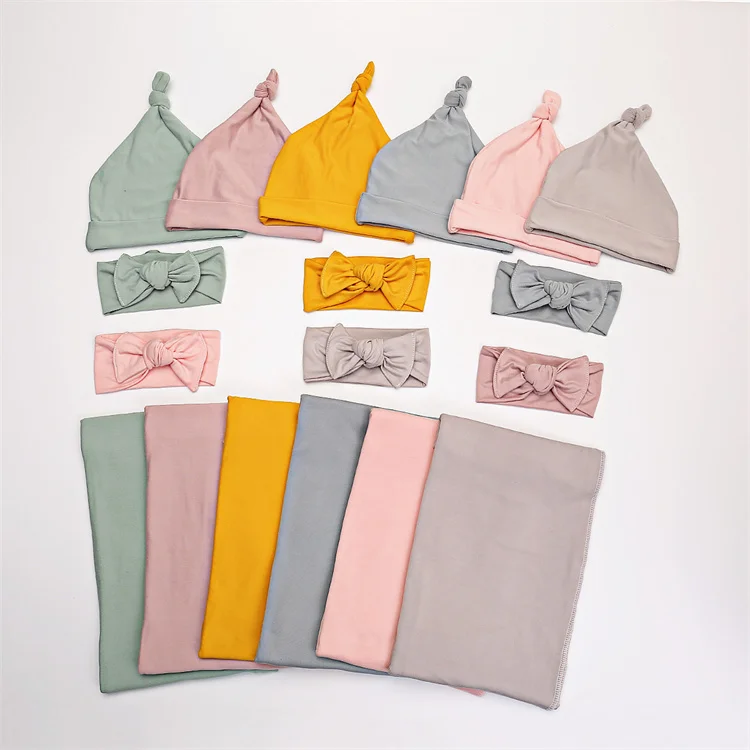 

Newborn 3 Pcs Set Head Bow 100% Cotton Jersey Safe Blanket Baby Infant Swaddle Wrap Set