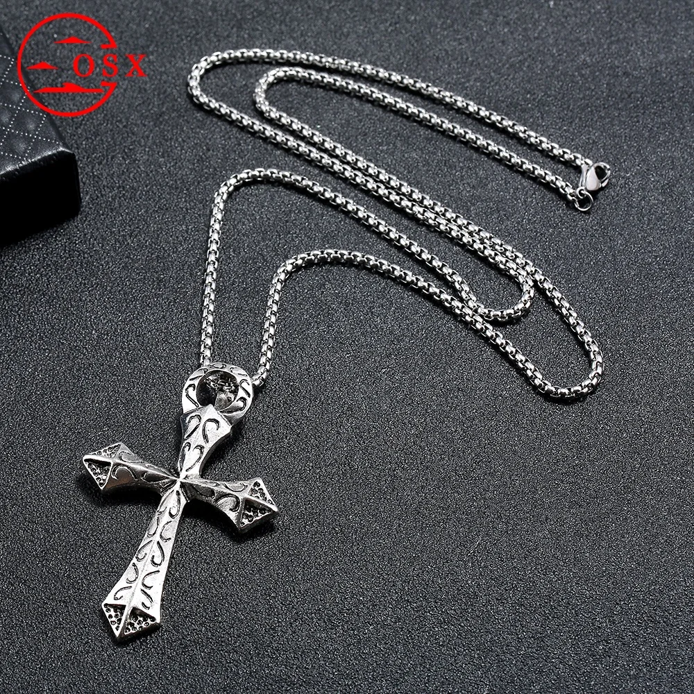 

Wholesale Bar Hip-hop Performance Pendant Cross Sweater Collocation Pendant Christian Cross Amulet Necklace, Antique silver