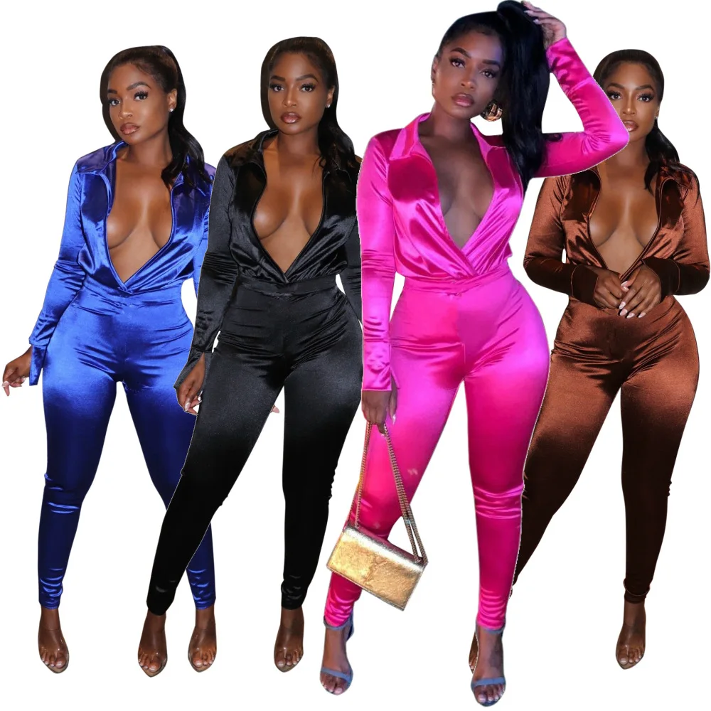 

New Long Sleeve Women Sexy Outfit Clothing Deep V Club Outfits For Women Sexy Thong 2 Piece Ladies Set