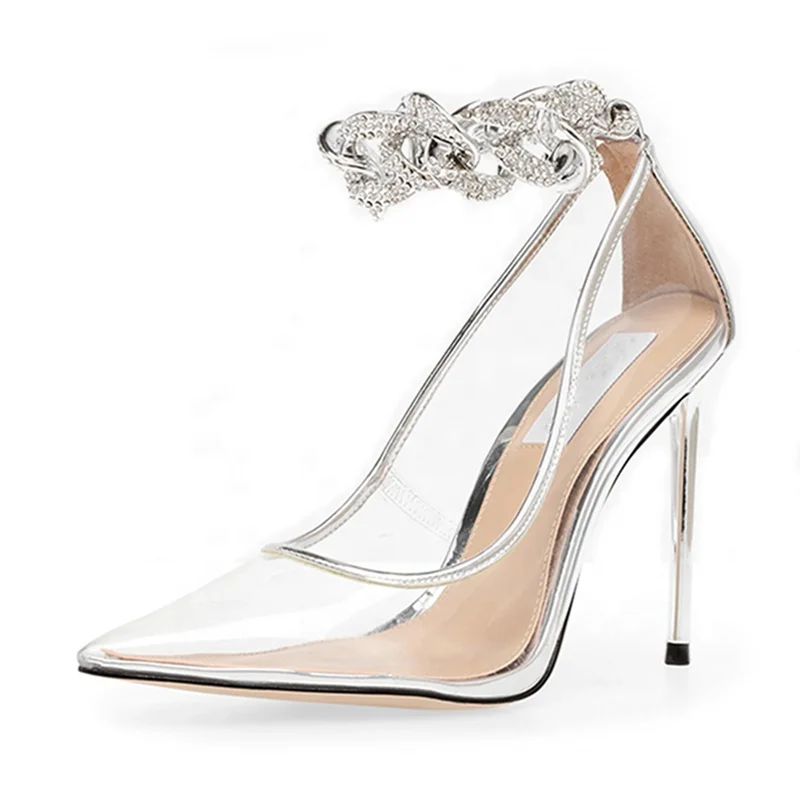 

Silver Ankle Strap Metal Decoration Transparent Pumps Summer Women's High Heels Dress Shoes PVC Clear Upper Slip On