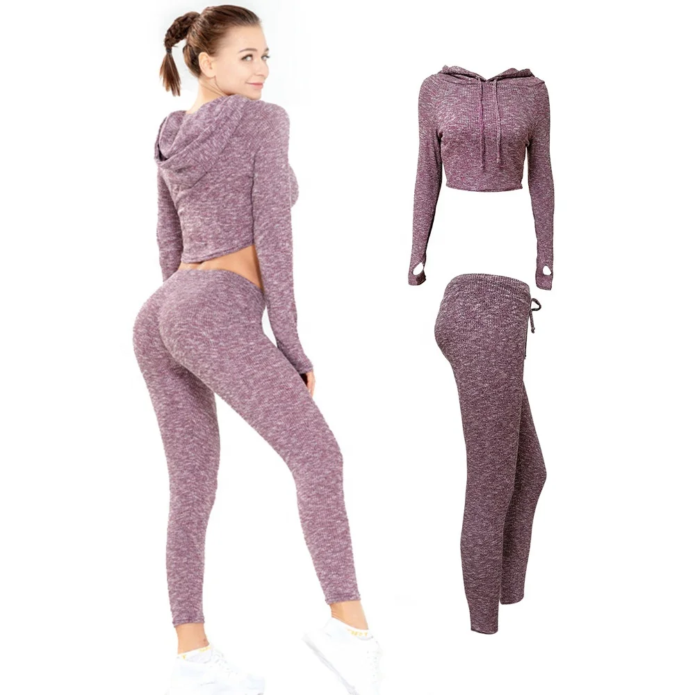 

NewType Sexy Navel Knitting Fitness Sports Suit Women Tight-fitting Quick-drying Buttock Hooded Running Yoga Wear 2Pcs Yoga Sets, As the pictures show