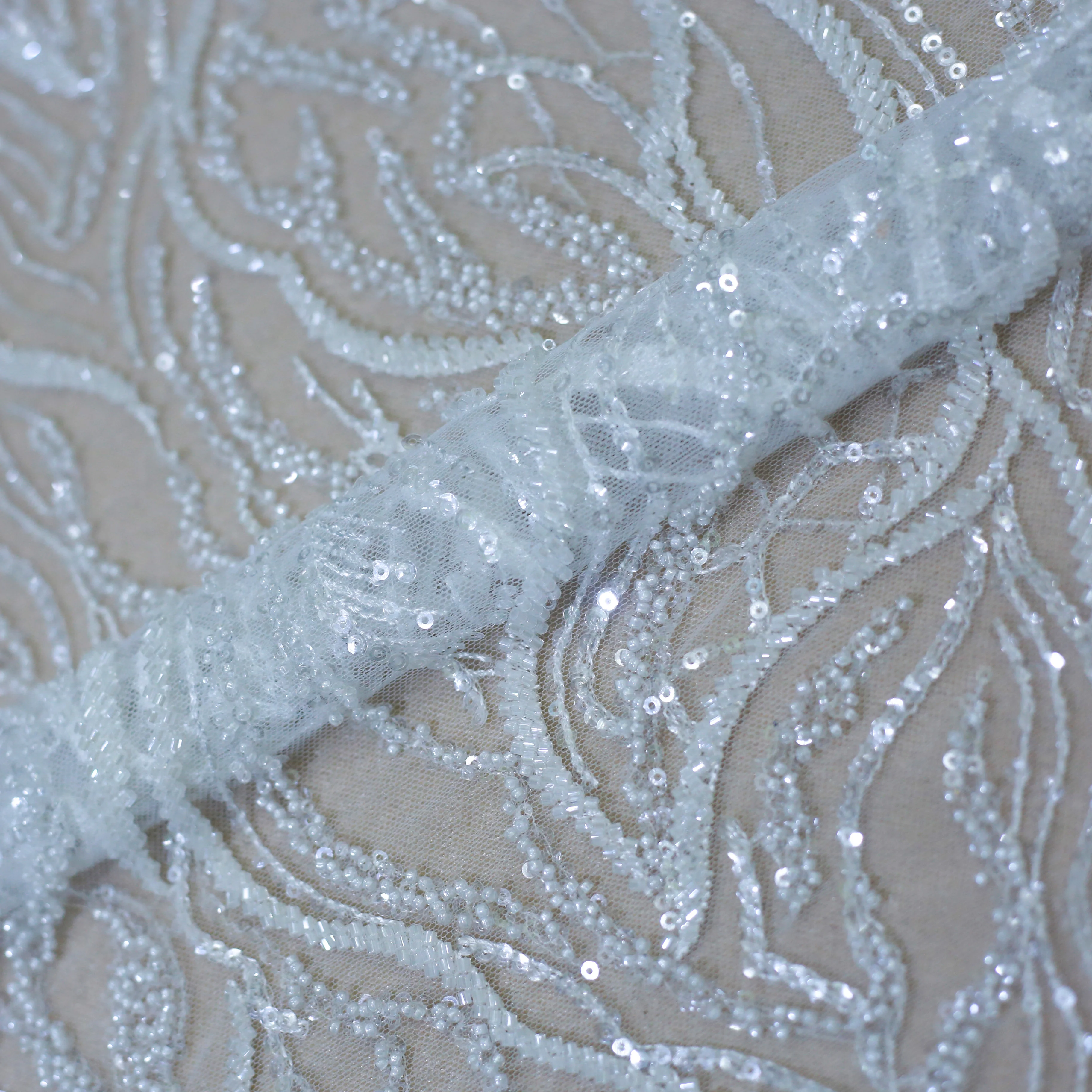 

High quality beaded lace fabric for clothes, White,as your request