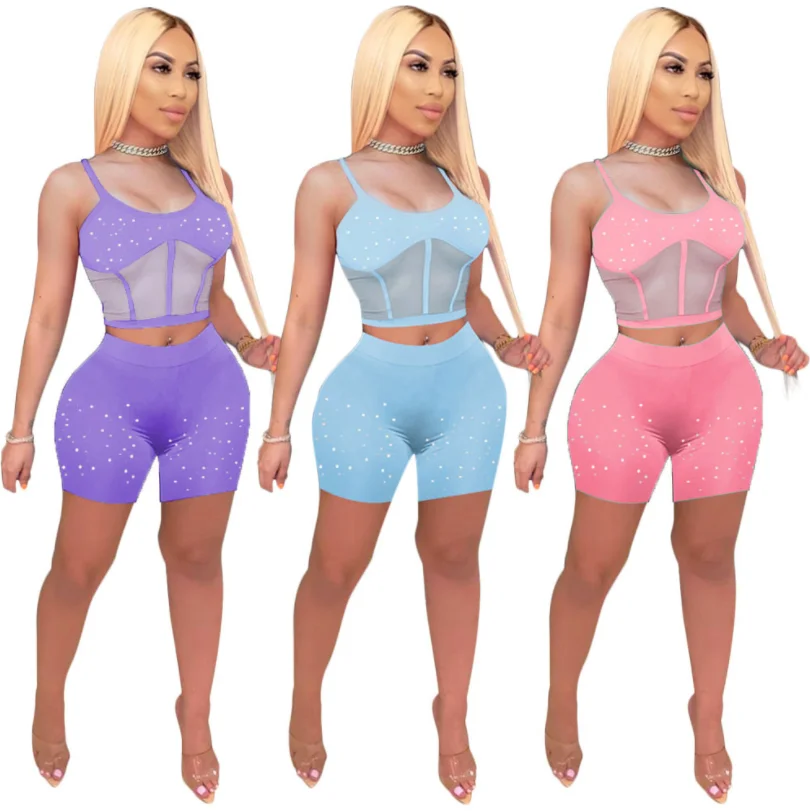 

New Solid Color Stitching Mesh Women Short Suit Two Piece Set Women Clothing Sexy Women's Suits