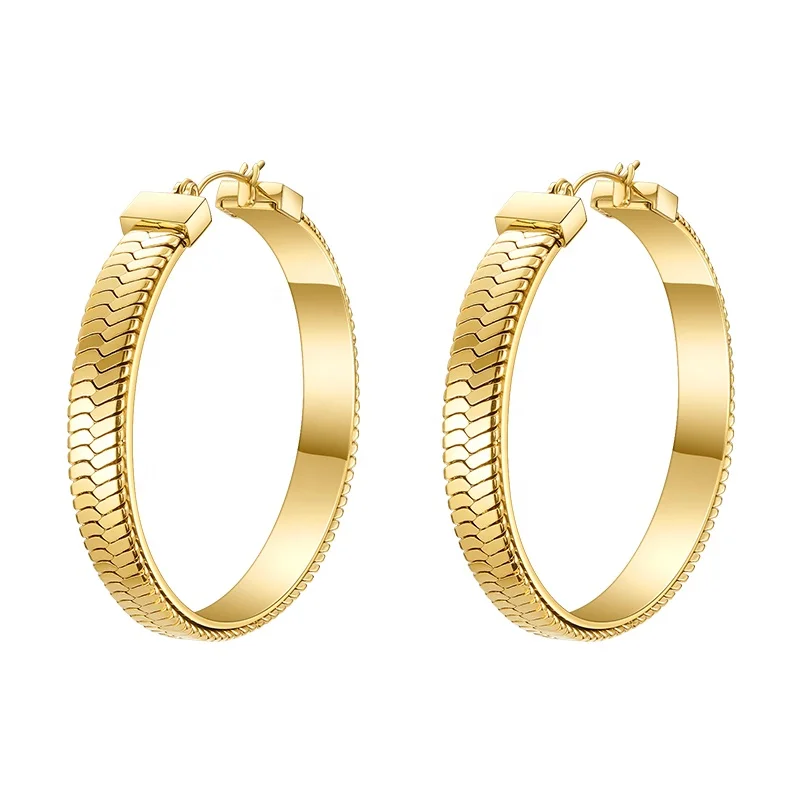 High Quality 18K Gold Plated Stainless Steel Jewelry Flat Chain Hoop Accessories Earrings E201176