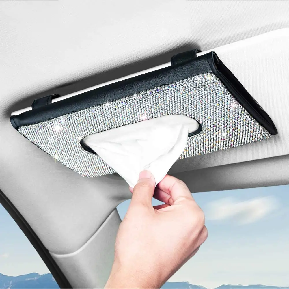 

Crystal Diamond Leather Car Tissue Box Auto Napkin Tissue Hanging Bag Holder for Car Accessories, Black and white