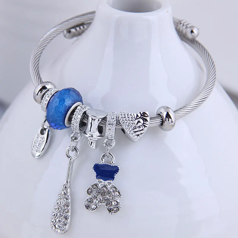 

Hot sale diamond lovely Bear racket Pendant charm Bracelet accessories Crystal bead bracelet for women girls, 7 color