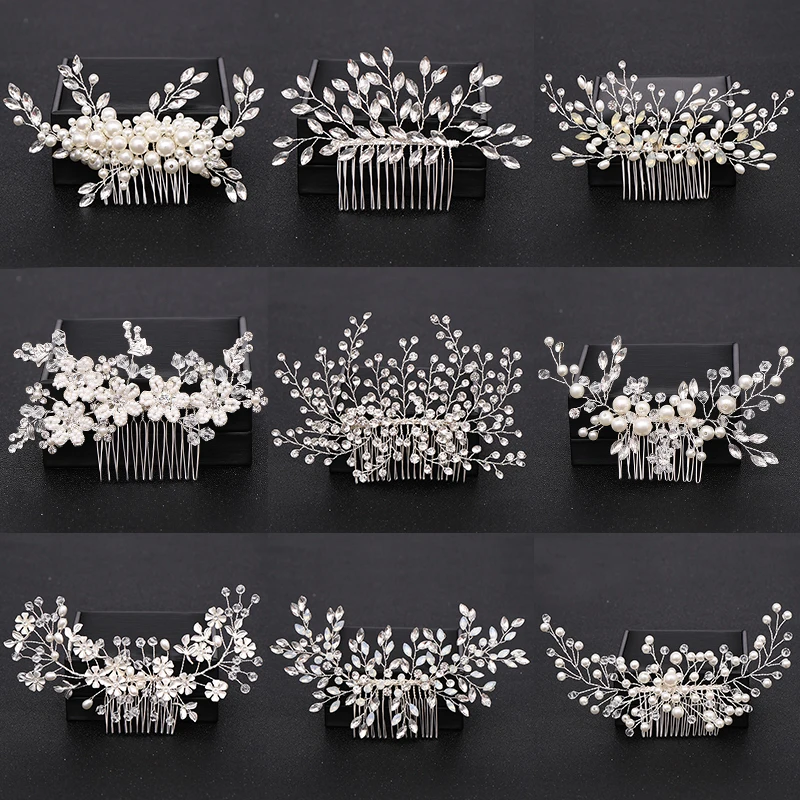 

Silver Color Pearl Crystal Wedding Combs Accessories for Bridal Flower Headpiece Women Bride Hair ornaments Jewelry