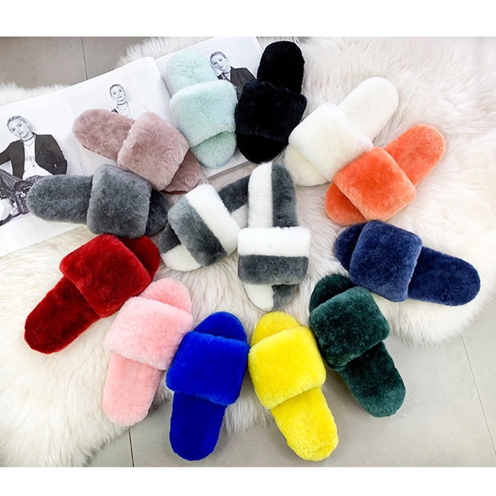 

OEM Wholesale 2021 Genuine Australian Sheepskin Slipper Hot Sell Ladies Colorful Leather Fashion Fur Warm Home Slippers, Pink,grey,leopard print