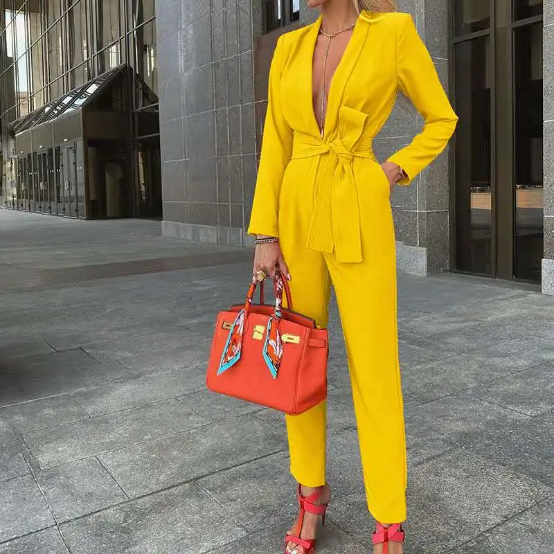 

wholesale long sleeve sexy women with deep V - neck solid color lacing casual suit jumpsuit suit jacket, Yellow red black or customized