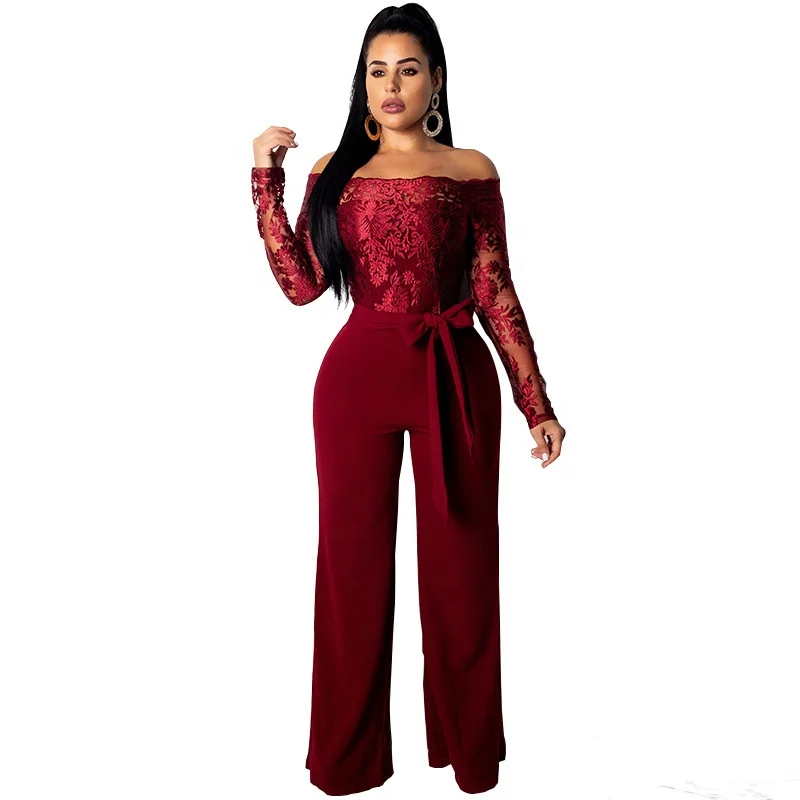 

B61429A Foreign trade European and American casual ladies lace one word neck wide leg jumpsuit, Black/red/blue