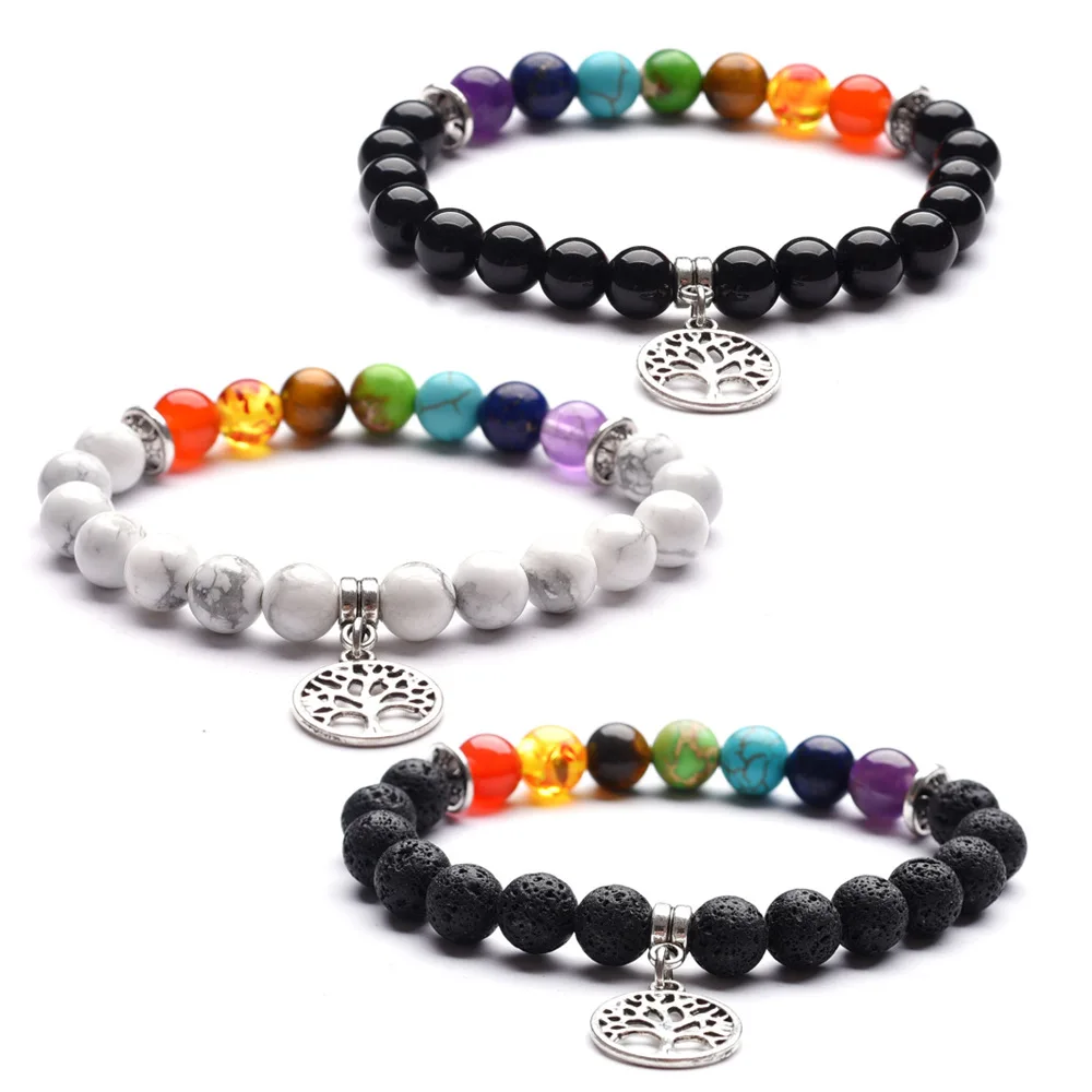 

JS-042 7 Chakras Yoga Meditation Healing Balancing Round Stone Beads Stretch Bracelet Tree of Life Lotus Charm for Men Women, As show picture