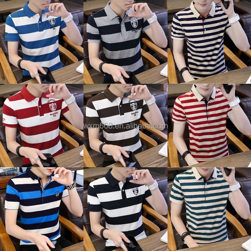 

Golf collar T-shirt casual fashion men short sleeves men's T-shirt cheap wholesale striped Polo T-shirt