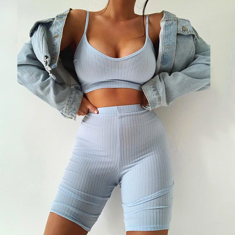 

XUQING New arrivals two piece crop top high waist shorts summer outfits yoga set for women 2021, Photo shows