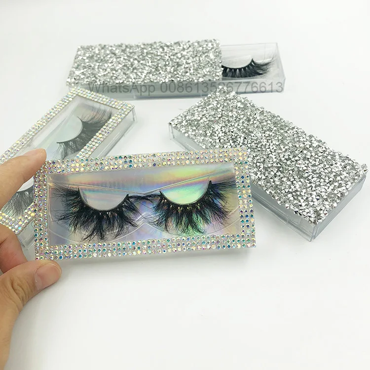 

Wholesale Custom Eyelashes Lashbox 25MM Mink Eyelash Bling Sparkle Crystal Rhinestone Packaging Lash Case With Holographic Color, Natural black