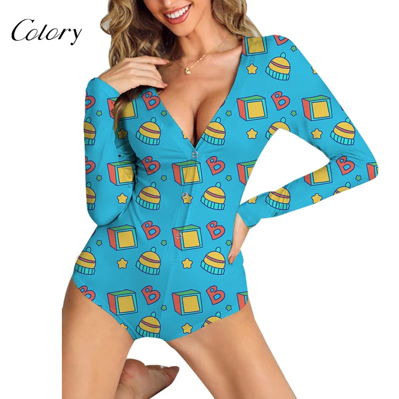 

Colory Plus Size Designer Onesie Long Sleeve Deep V, Picture shows
