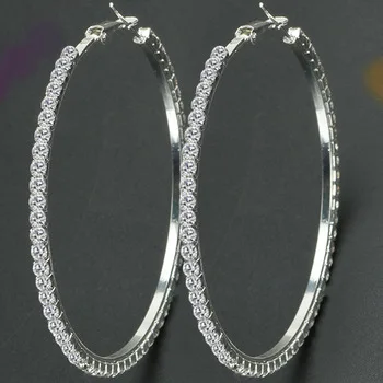 

Factory Wholesale Fashion Rihanna Style High Quality 50-100Mm Full Rhinestone Silver Statement Round Big Hoop Earrings, Picture shows