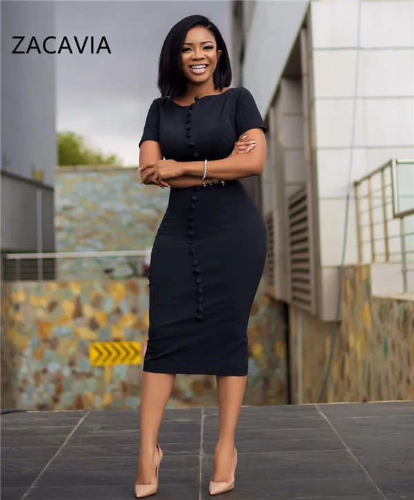 

New Fashion Button Solid Color Plus Size Formal Bodycon Dress, Picture color