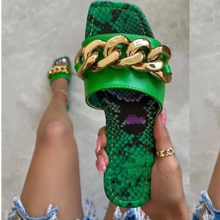 

2021 new arrivals women shoes hot sale summer slippers serpentine flat slipper with metal chain plus size available sandals, Picture colors