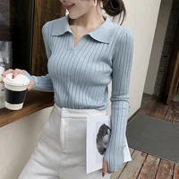 

New Fashion Women Girls Korean Solid Color V-neck Long Sleeve Slim Knit Pullover Knitwear Tops