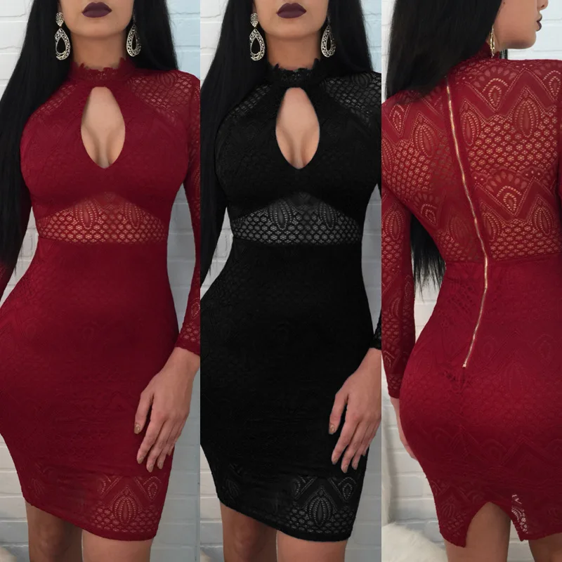 

WW-0838 Long Sleeve Lace Hollow-out Split Irregular Dress Long Sleeve Lace Slit Dress, Customized color