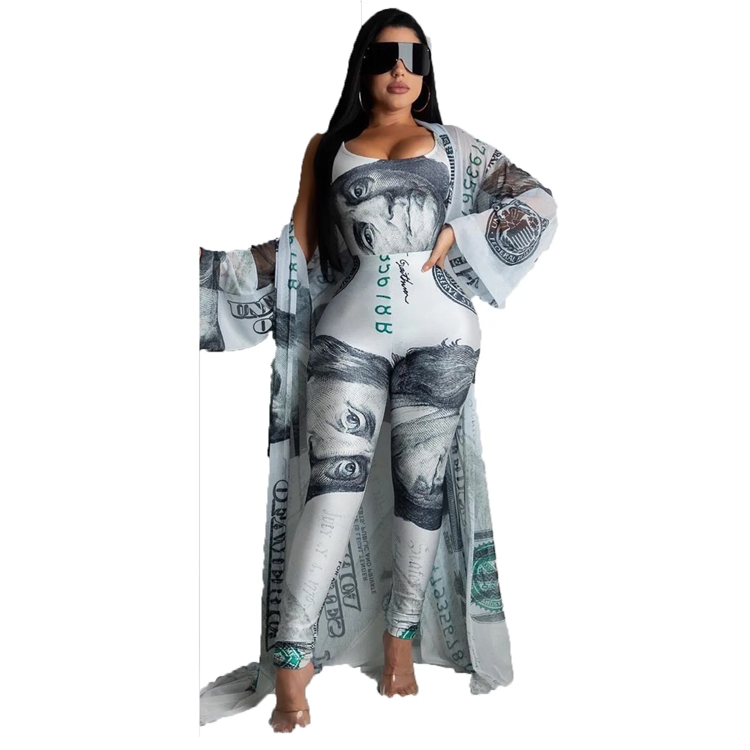 

2020 new arrivals summer designs dollars printed women sexy casual three pieces body con with full length trousers set
