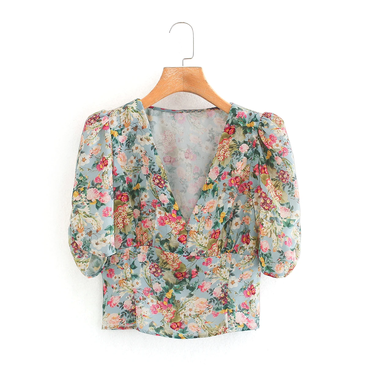 

Short sleeve v neck floral printed slim fit ladies summer thin fashion blouse top