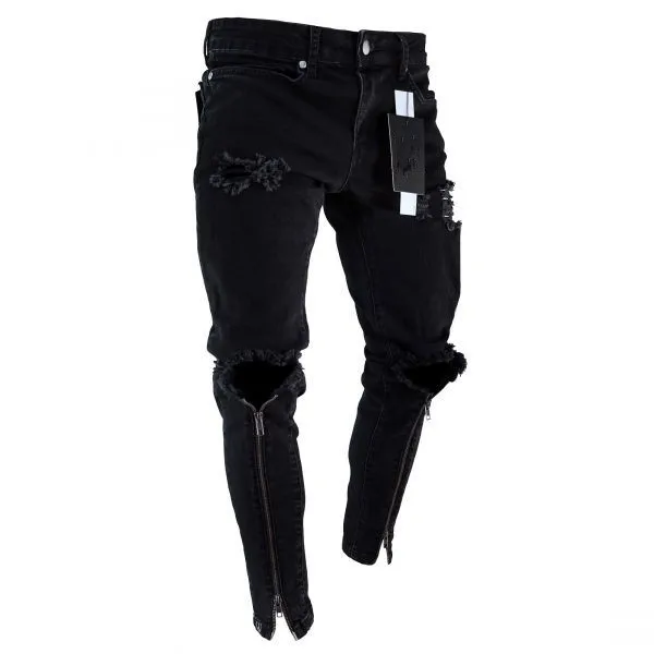 

Hollow Out Stretchy Ripped Skinny Biker Jeans Taped Slim Fit Denim Pants motorcycles wrinkles Bermuda pants Knee Hole Jeans Man