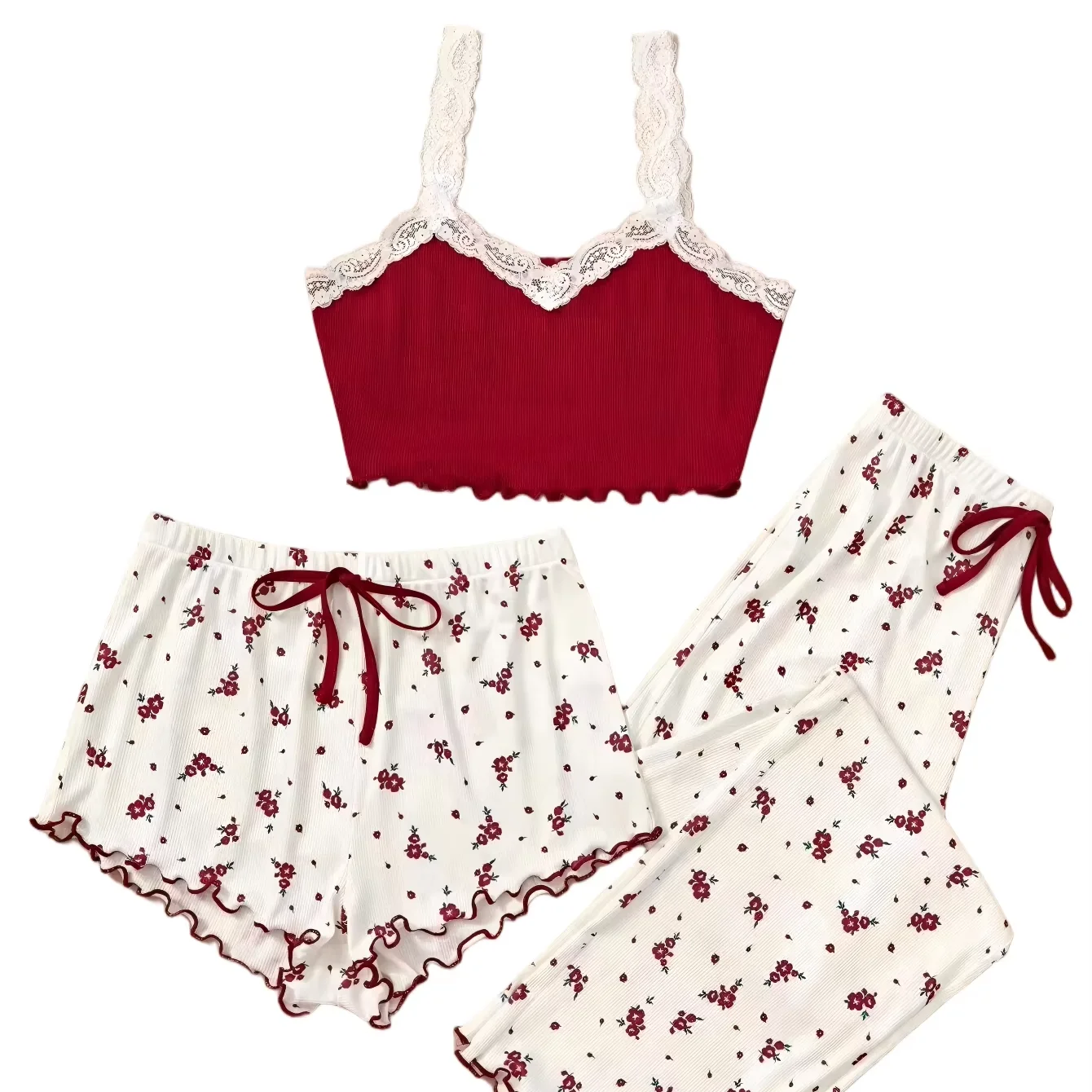 Women's Sexy Floral Pajama Set Three-Piece Comfortable Milk Silk Sleeveless Cami Top Drawstring for Home Wear Summer Winter