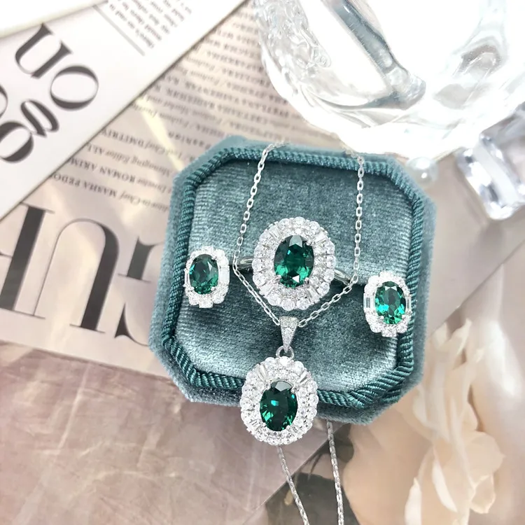 Roomy 925 Silver Fine Jewelry Set Lab Grown Emerald Jewelry Set Woman Emerald Earrings RIngs Necklace