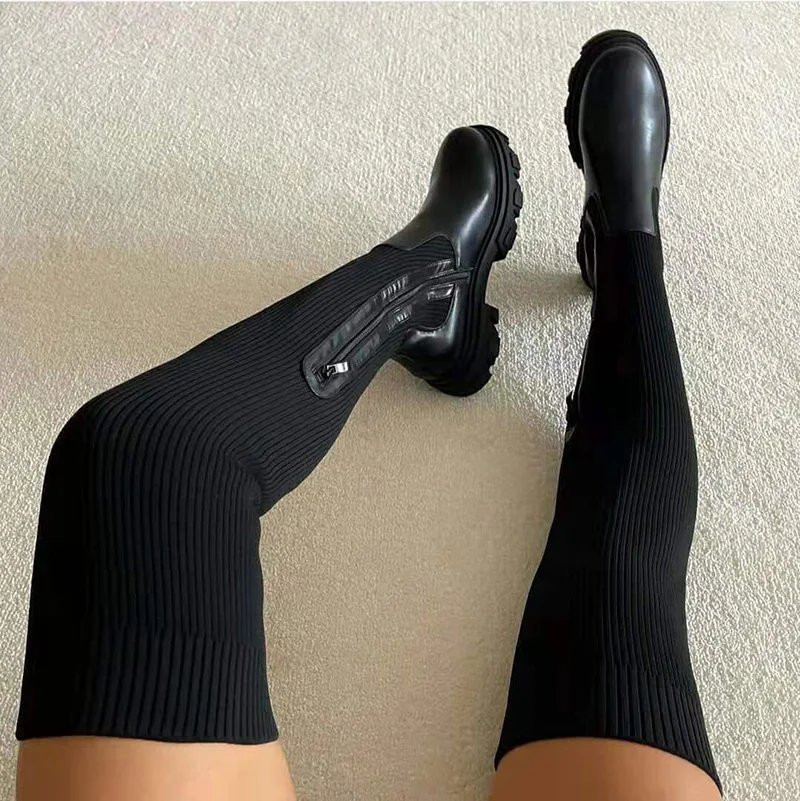 

XZ371 Women Sexy Platform Boots New Arrivals Round Toe Knit Fabric Thigh High Boots, As picture or custom