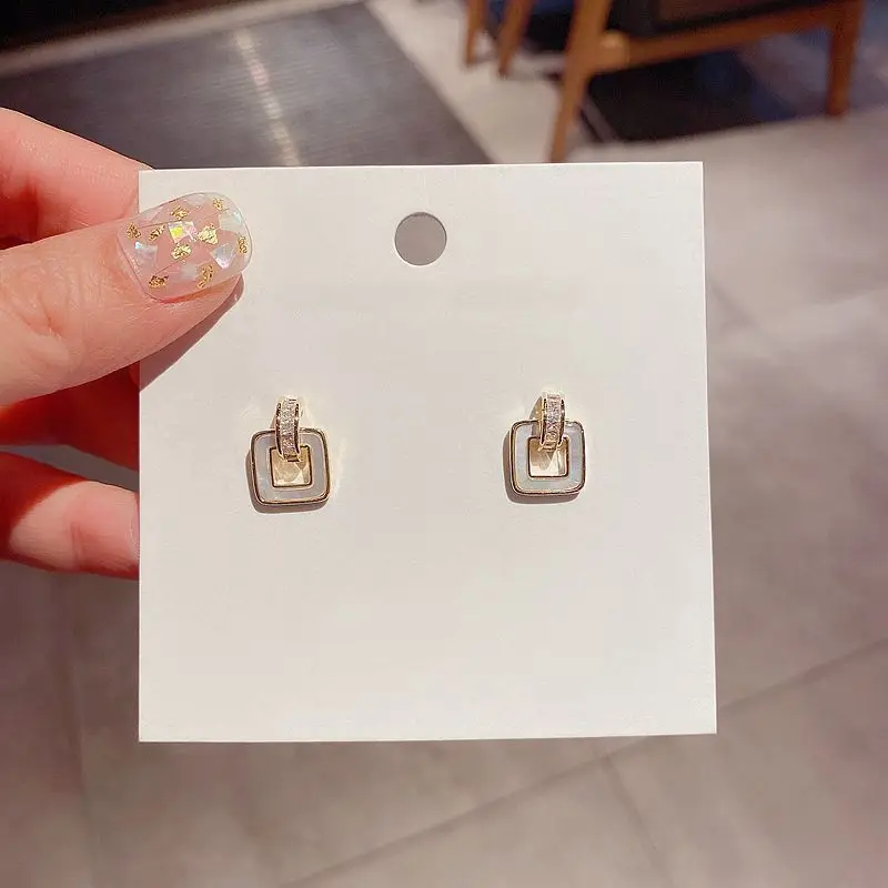 

Simple Jewelry Real Gold Plated CZ Cubic Zirconia Geometric Drop Earrings White Shell Rectangle Earring For Love