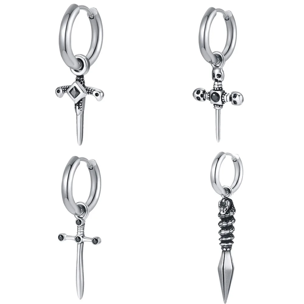 

Hip-hop Punk Style Cool Anti Silver Color Men Stainless Steel Black Agate Skull Cross Pendant Earrings