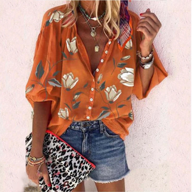 

Womens Casual Shirts Floral Print Blouse Loose V Neck Ladies Blouse Pri Blouses