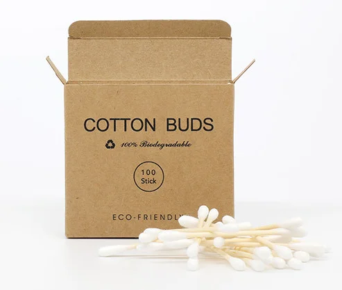 

Plastic free organic bamboo earbuds cotton bud swab in kraft box, White