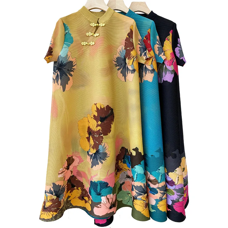 

Fashion Style Short Sleeve Standing Collar Dress Mother's Chinese Style Retro Print Shake Spring dress, Shown