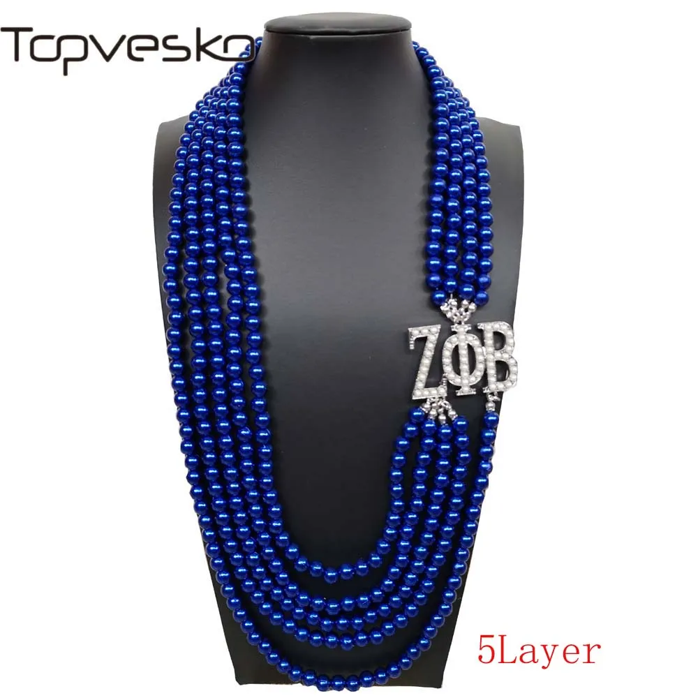 

Custom Alpha Sorority Zeta multilayer 5 Line Blue Pearl Necklace Jewelry, Picture
