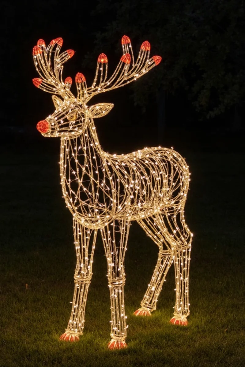 A set of three different-sized light-up deer placed along a wooden fence, casting soft shadows on the lawn as two dogs play nearby.